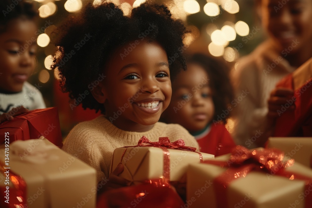 A group of children joyfully unpacks colorful gifts during a festive Christmas celebration. The warm ambiance is enhanced by twinkling lights and smiles of happiness.