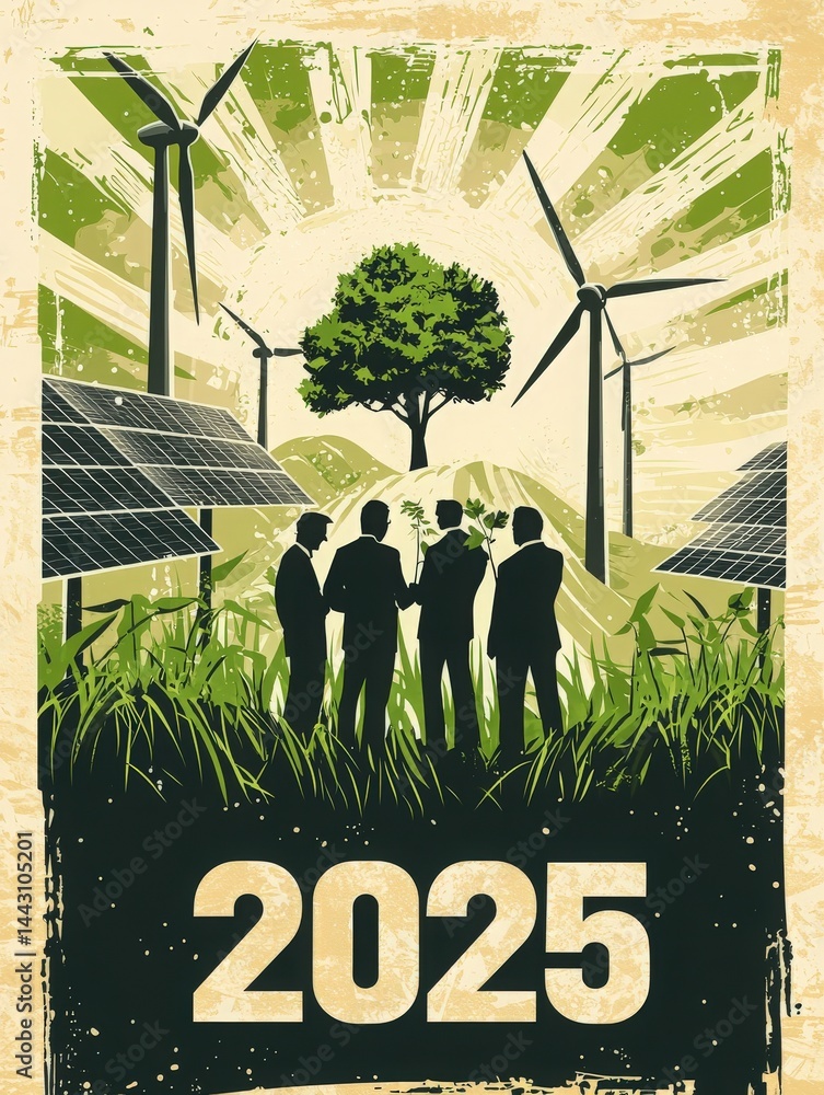 A group of individuals in formal attire stands together in a green landscape, surrounded by wind turbines and solar panels.