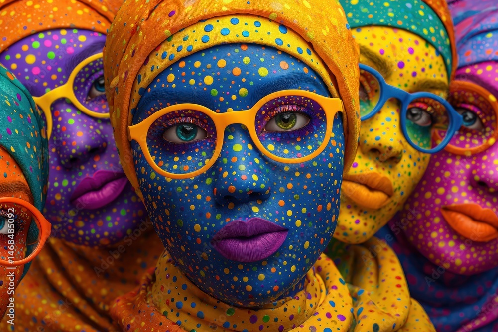 A group of individuals showcases stunning body art with bright polka dots, colorful head wraps, and bold makeup. They exude energy and creativity during a festive gathering.
