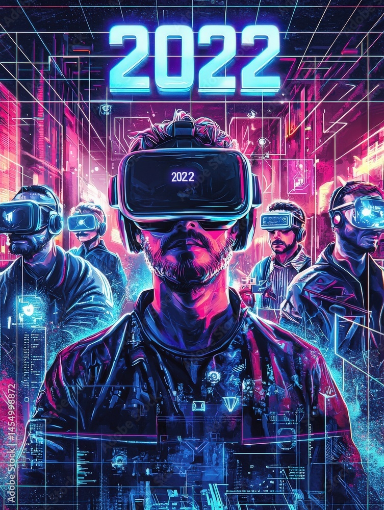 A group of people wearing virtual reality headsets in a futuristic, neon-lit environment. The focus is on their engagement with advanced technology, reflecting innovation in 2022.