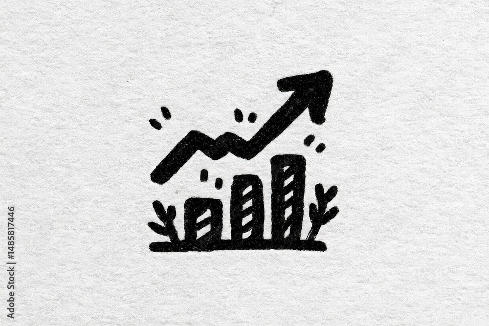 A hand-drawn growth chart features upward trending lines and bars, symbolizing increase and success. Decorative elements like plants enhance the visual appeal, set on a textured background.