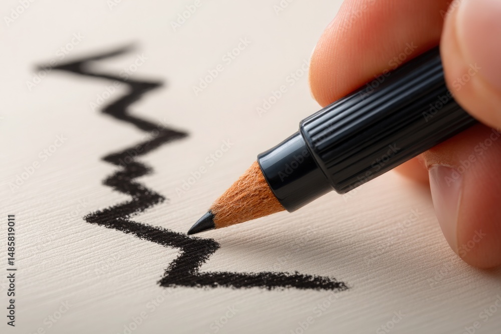 A hand holds a black marker, drawing a jagged line across a smooth, light-colored surface. The focus is on the interaction between the marker and the paper, capturing the moment of creativity.