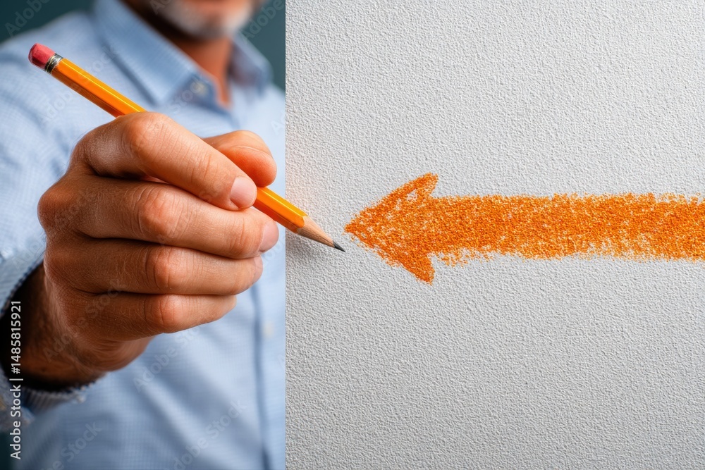 A hand holds a yellow pencil, illustrating the act of drawing an orange arrow on a textured white surface. The environment appears well-lit, focusing on the creative process.