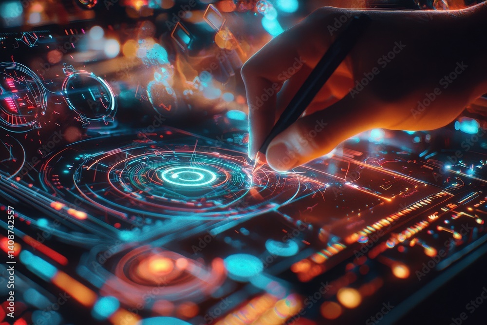 A hand skillfully draws intricate patterns on a glowing, high-tech digital interface filled with vibrant lights and graphics. The atmosphere is dark, emphasizing the colorful display.