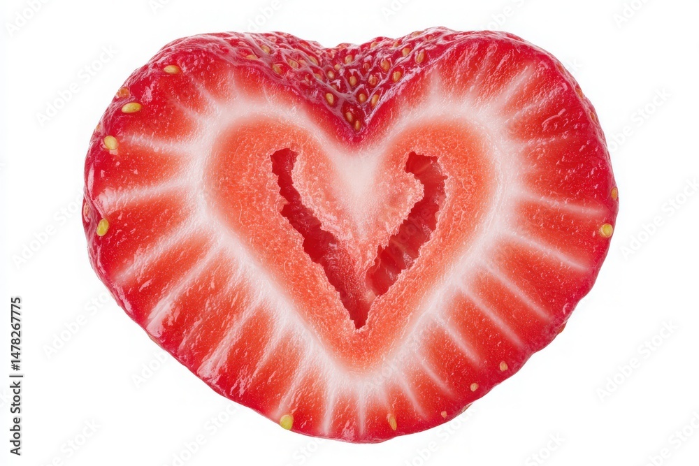 A heart-shaped strawberry is sliced in half, revealing its juicy red flesh and a distinctive pattern. The freshness and vibrant color create an appealing focal point for presentations.