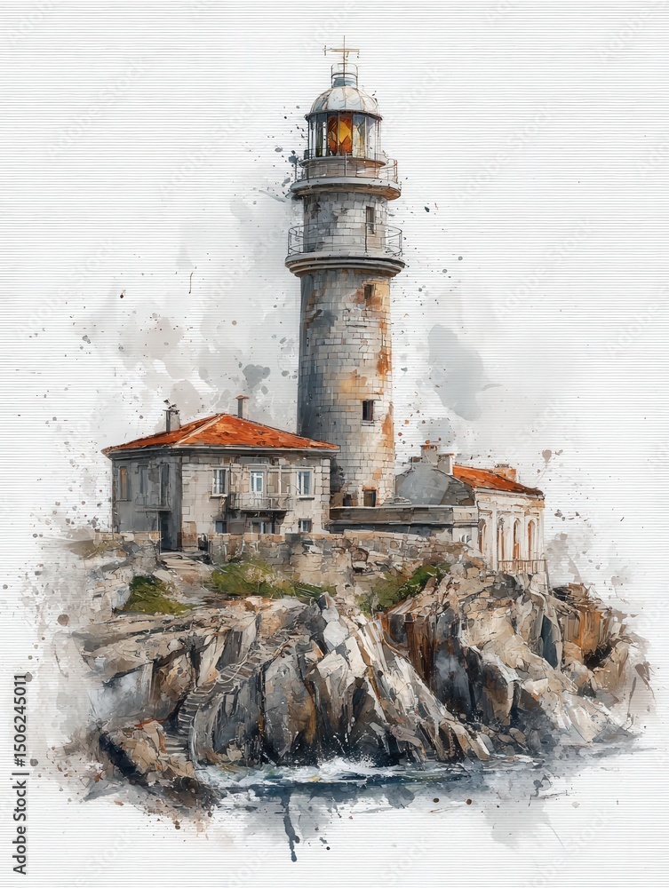 A historic lighthouse rises above rocky cliffs near the ocean. Waves crash against the shore, while clouds float above. The scene captures the beauty of the coastal landscape.