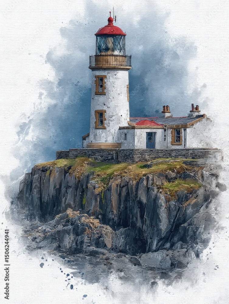 A historic lighthouse rises majestically from rugged cliffs, surrounded by gentle waves. The structure features a red roof and a glass lantern, creating a striking coastal view.