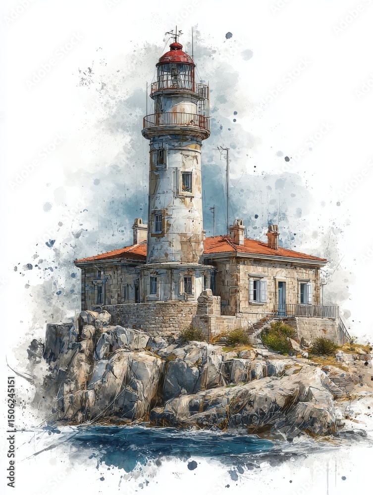 A historic lighthouse stands vigil on a rocky coastline, surrounded by rough sea and dramatic clouds. Its weathered stone and red roof create a striking contrast against natures backdrop.