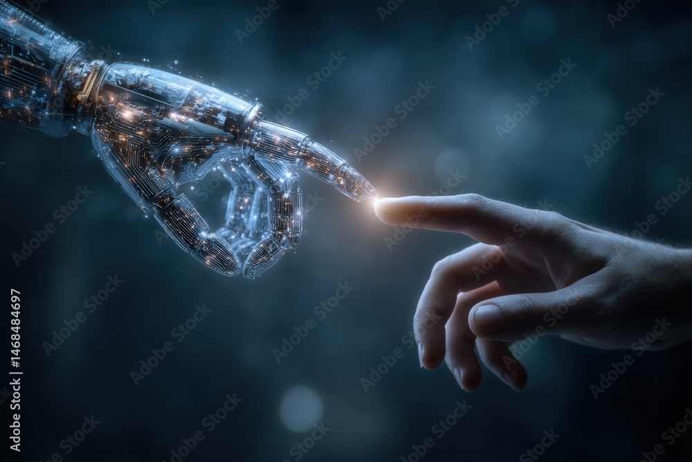A human hand and a robotic hand reach toward each other, almost making contact. The robot hand glows faintly, symbolizing interaction between technology and humanity.