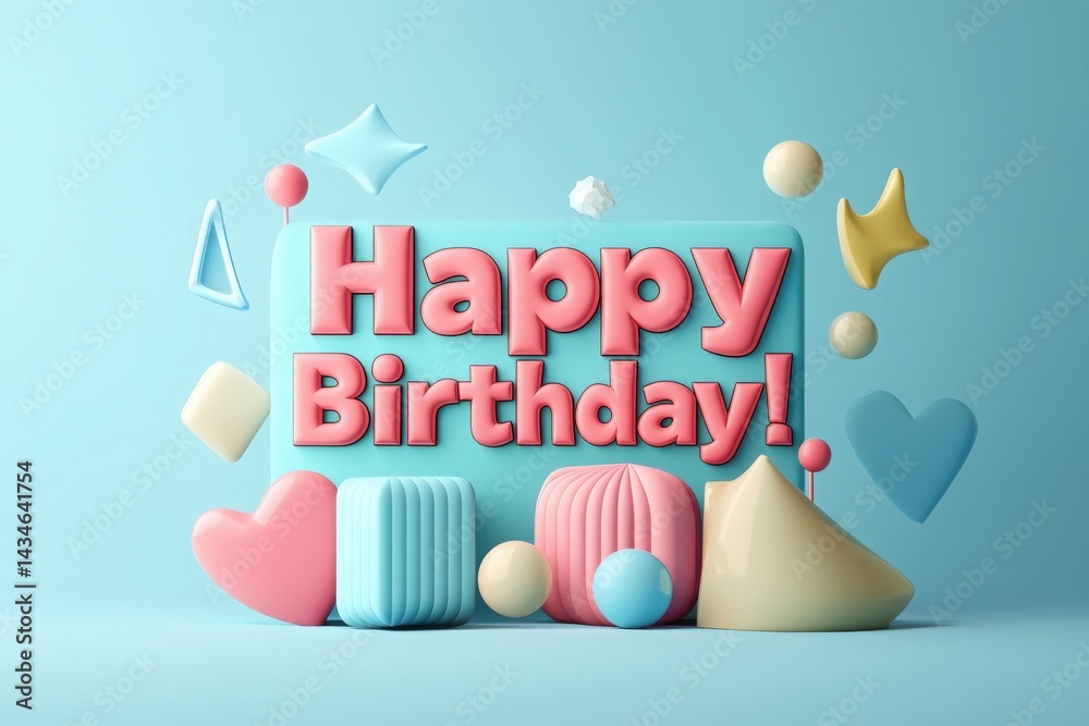 A joyful birthday greeting featuring large pink lettering saying Happy Birthday! surrounded by colorful geometric shapes and fun decorations against a light blue background.