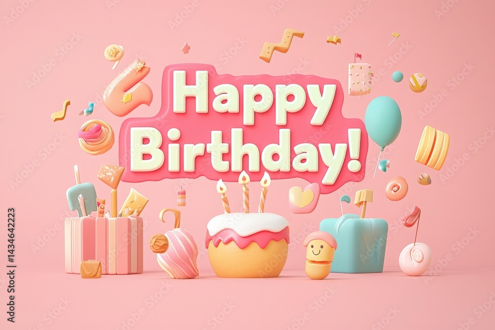 A joyful birthday scene featuring a decorated cake with candles, balloons, and gifts. Colorful candies and playful designs create a festive atmosphere perfect for celebrating a special day.