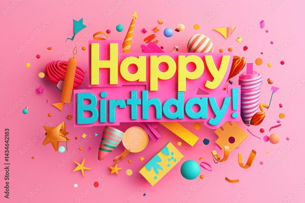 A joyful birthday theme featuring bright colors and festive decorations. The design includes balloons, party hats, confetti, and playful shapes, creating a lively atmosphere for celebrations.