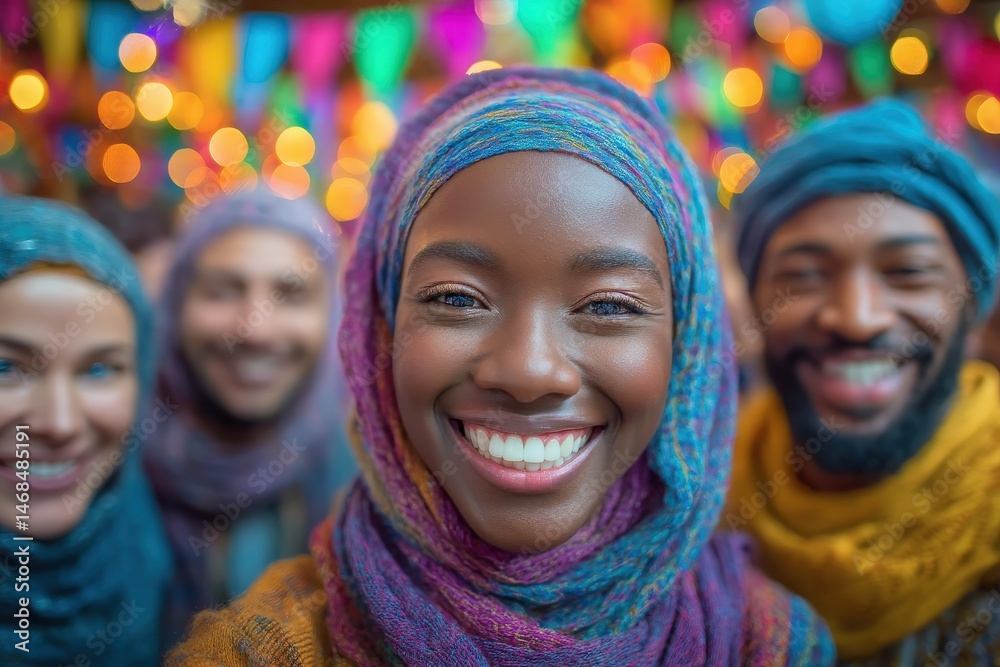 A joyful group of friends with diverse backgrounds is celebrating at a lively festival. They wear colorful scarves and smile brightly, surrounded by vibrant decorations and soft lights.