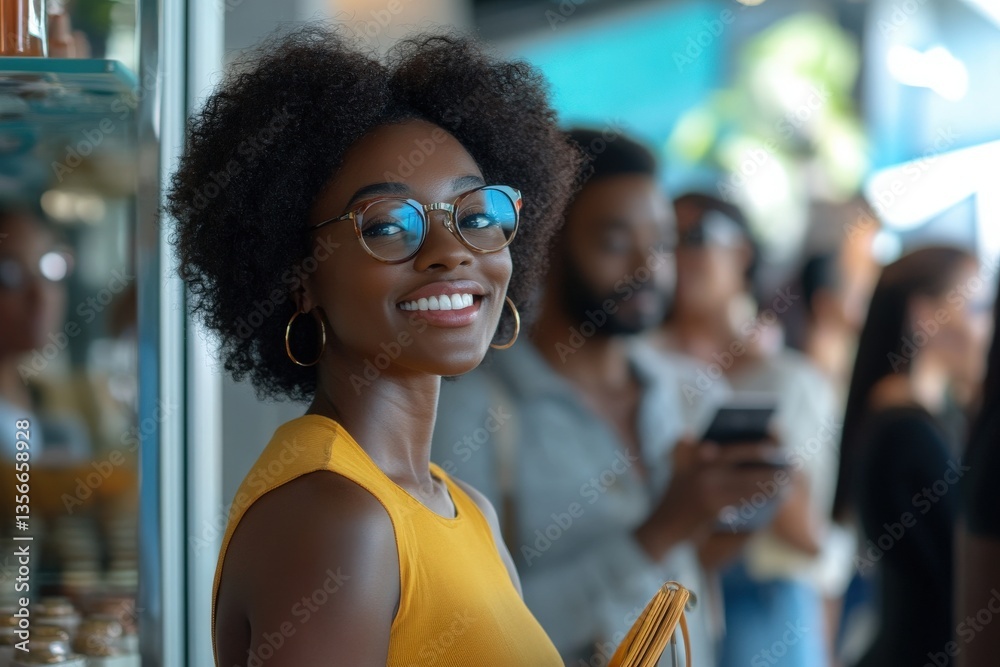 A joyful woman with curly hair and glasses stands in a lively cafe, surrounded by people in line. She wears a yellow dress and holds a phone, radiating happiness in a bustling setting.