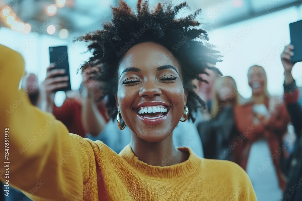 A joyful woman with curly hair smiles widely while taking a selfie. A lively crowd holds up their phones in the background, enjoying the moment in a well-lit space filled with excitement.
