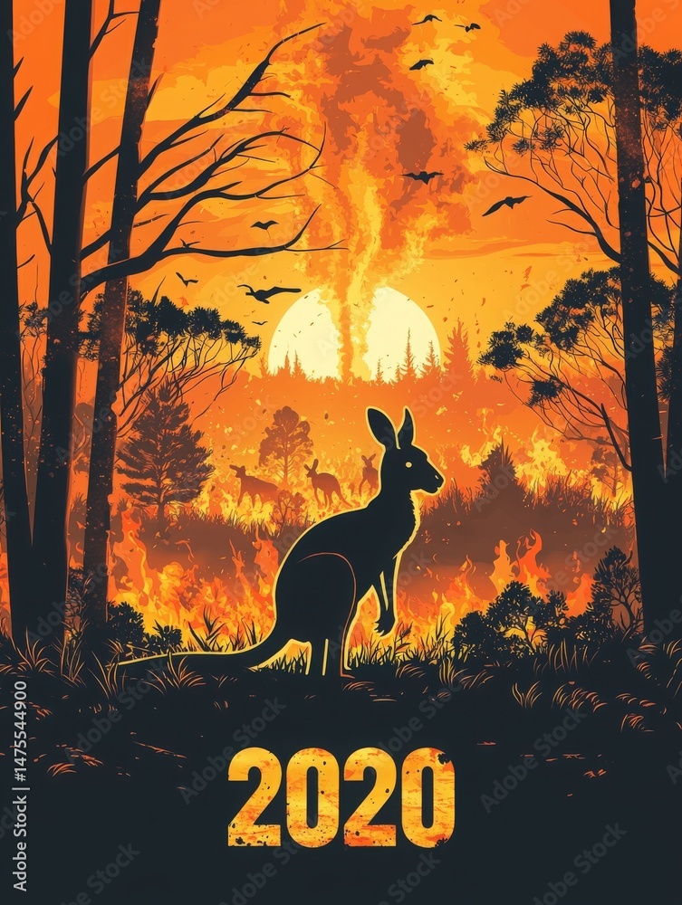 A kangaroo stands in the foreground with a fiery landscape behind it, featuring trees and a vibrant sunset. The scene captures the intensity of wildfires, evoking a powerful atmosphere.