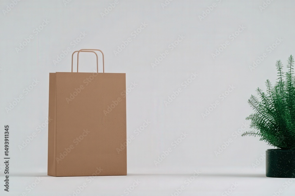 A kraft paper shopping bag stands upright beside a green potted plant on a plain surface. The muted background emphasizes the simplicity of the arrangement, highlighting eco-friendly elements.
