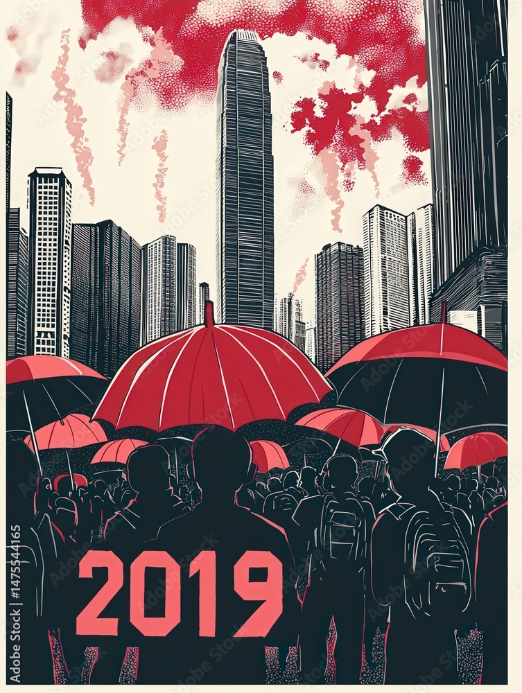 A large crowd gathers under red umbrellas in a city during a significant protest in 2019. Tall buildings surround the area, creating a dramatic urban backdrop for the event.