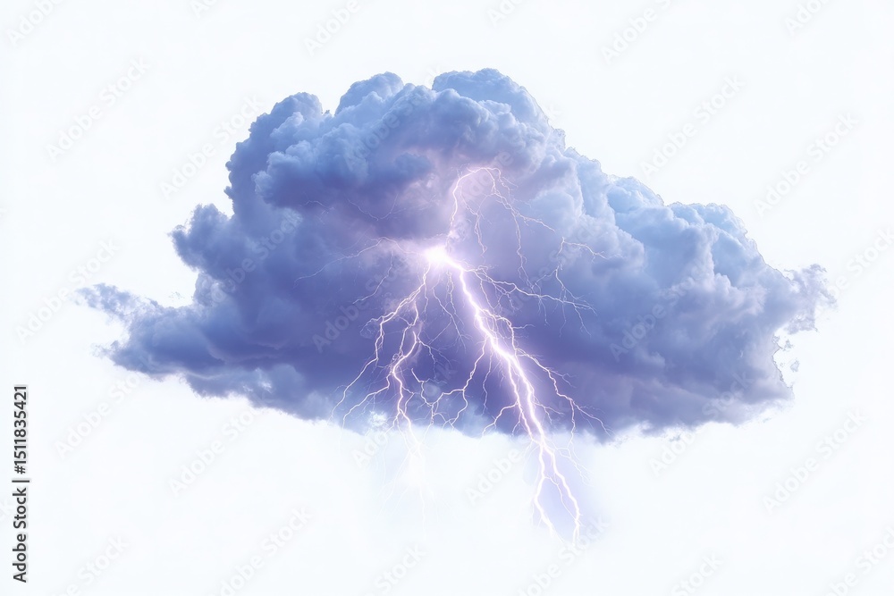 A large, dark storm cloud looms over a pale sky, with bright lightning bolts striking sharply from within the cloud. The scene captures the intensity of a thunderstorm, creating a dramatic atmosphere.