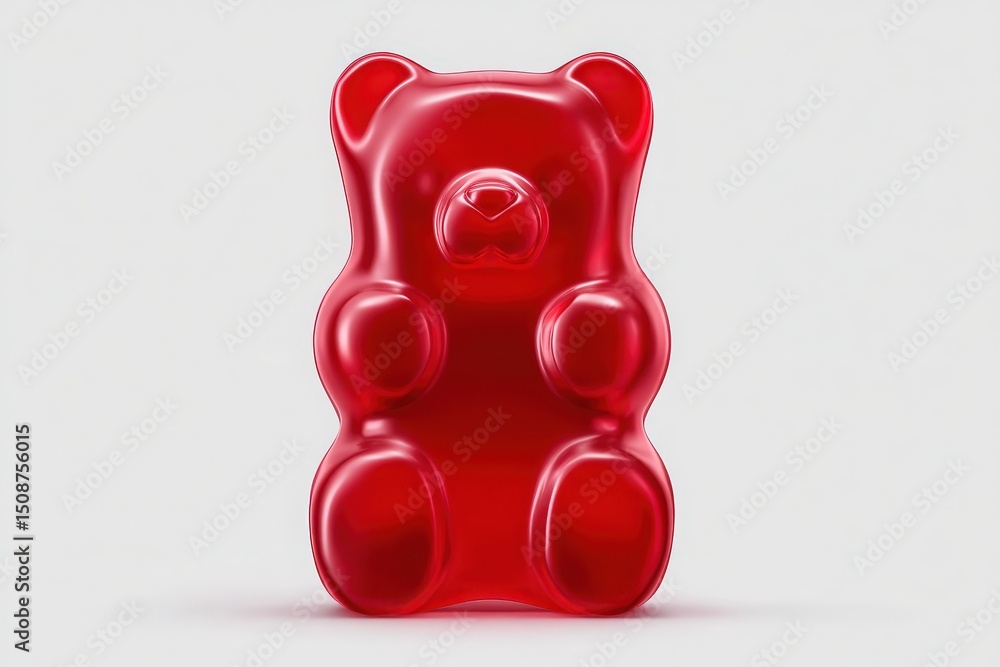 A large red gummy bear is positioned upright, showcasing its glossy surface and familiar features. The candy stands alone, emphasizing its vibrant color and playful design.