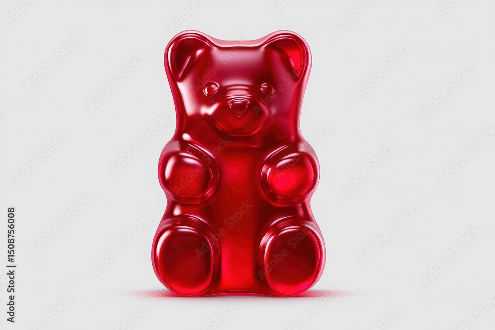 A large red gummy bear sits upright with a shiny surface, showcasing its distinct features. The bears bright color and soft texture make it inviting, emphasizing a fun and playful design.