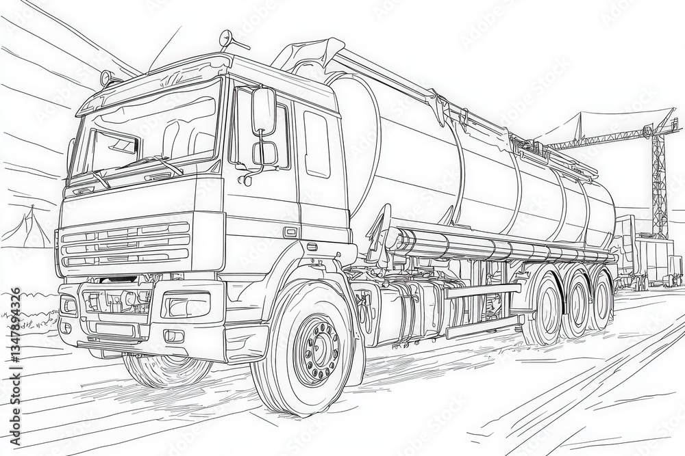 A large tanker truck is parked near construction equipment, showcasing its cylindrical tank and multiple wheels. The environment is bustling with construction activity under a clear sky.