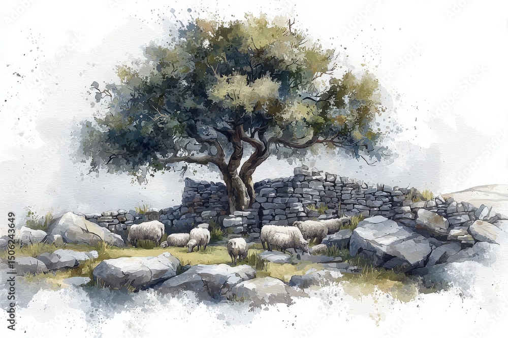 A large tree stands tall beside a weathered stone ruin, while a group of sheep grazes peacefully nearby. The serene atmosphere is enhanced by the rocky terrain and soft colors of the landscape.