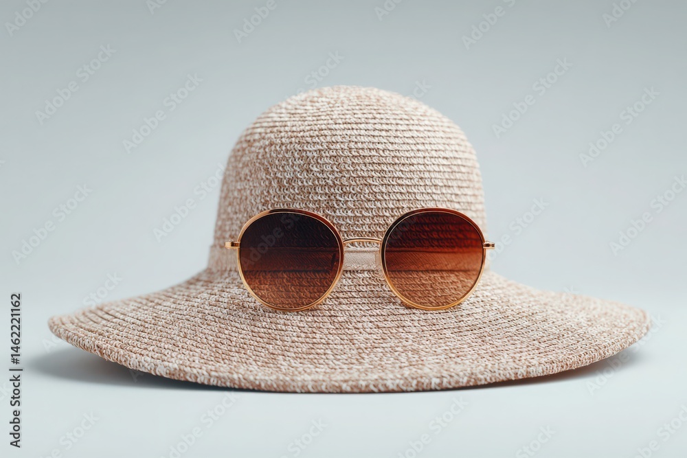 A large, woven sun hat is displayed alongside round, tinted sunglasses. The soft colors and simple design create a chic summer vibe, ideal for beach days or outdoor gatherings.