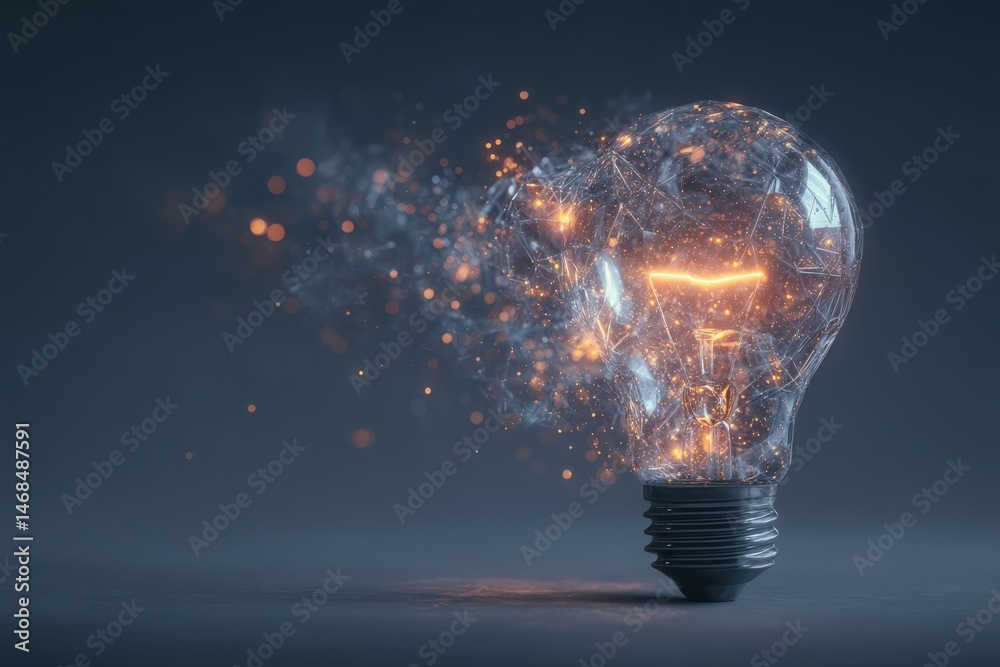 A light bulb appears to shatter, releasing glowing particles and sparks into the air. The background is dark, emphasizing the brightness of the light and the dynamic movement of the fragments.