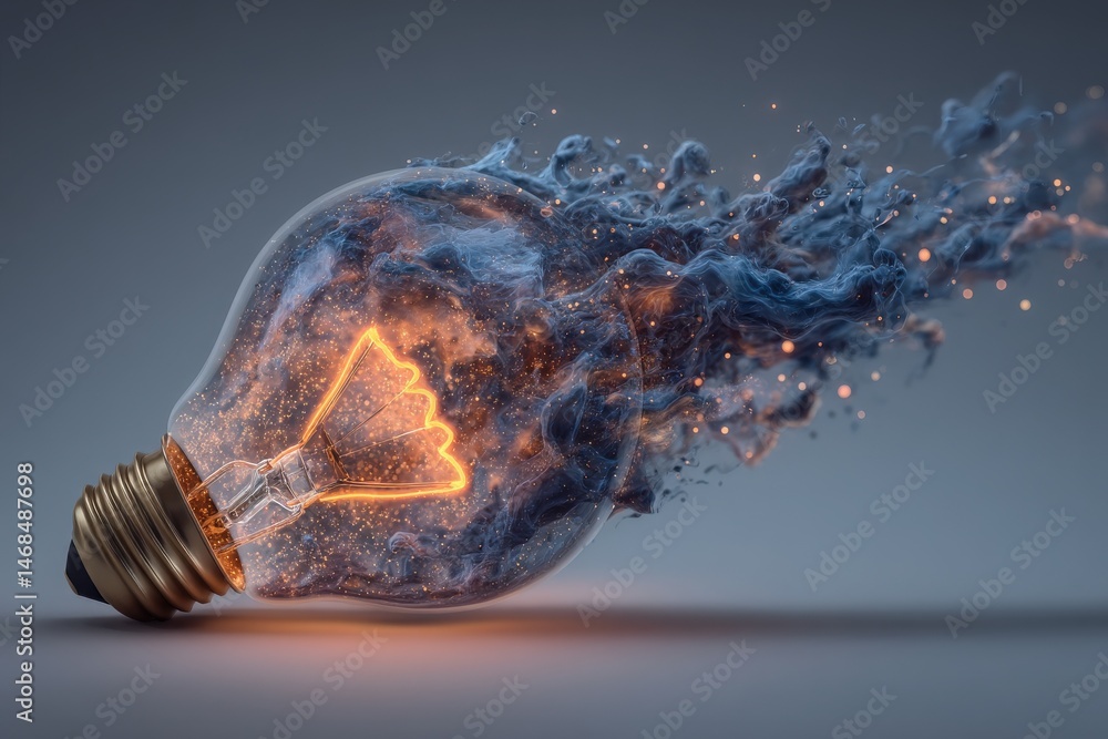 A light bulb emits an orange glow while surrounded by vibrant, swirling smoke and sparkling particles. The captivating effect creates a sense of movement and energy, evoking innovation and creativity.