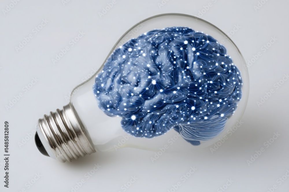 A light bulb filled with a blue brain highlights the concept of creativity and intelligence.