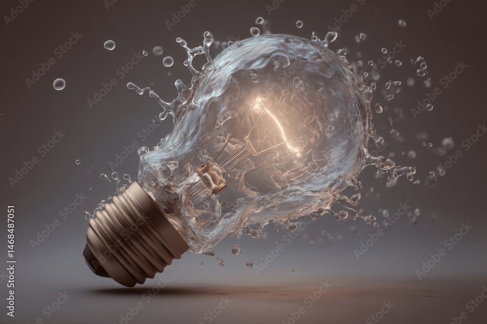 A light bulb is captured mid-splash, enveloped in clear water droplets that cascade around it. The warm glow of the bulb contrasts with the cool water, creating an intriguing focal point.