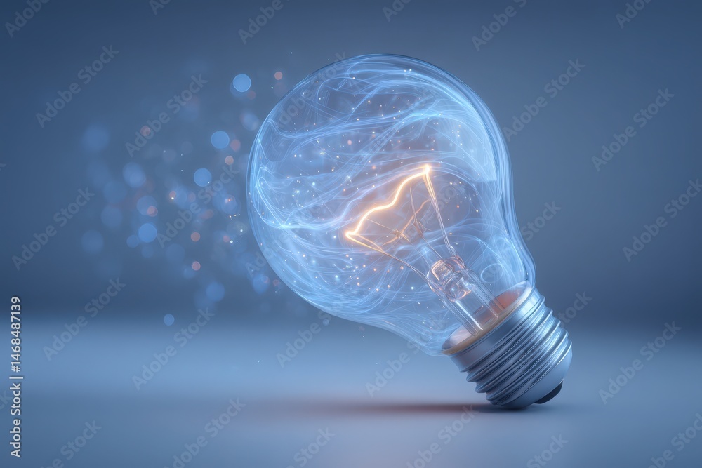 A light bulb is positioned on a smooth surface, glowing with a brilliant filament. Surrounding it are sparkling particles, creating an enchanting atmosphere of innovation and creativity.