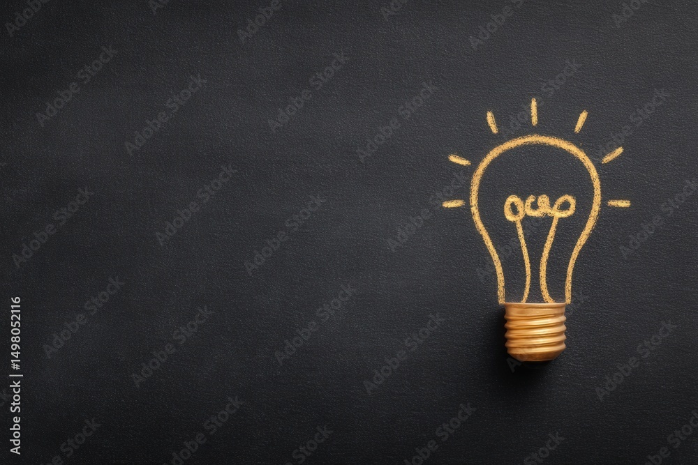 A light bulb is sketched in chalk on a blackboard with bright rays around it. This artwork symbolizes creativity and innovation in education or brainstorming sessions.