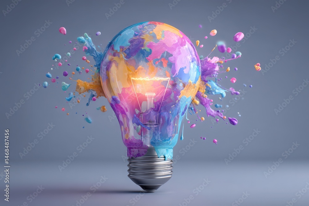 A light bulb is surrounded by vibrant splashes of paint in various colors, depicting creativity and innovation.