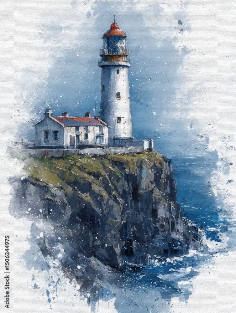 A lighthouse perched on a rugged cliff near the ocean features a white structure with a red roof.