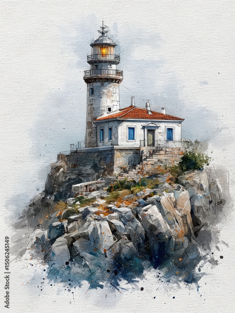 A lighthouse stands majestically on a rocky cliff, surrounded by vibrant coastal scenery. The evening light shines brightly from the beacon, while the sky reflects soft colors of dusk.