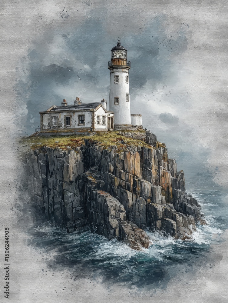 A lighthouse towers on a rugged cliff by the ocean, surrounded by churning waves. Dark clouds loom above, creating a dramatic atmosphere at this coastal location.