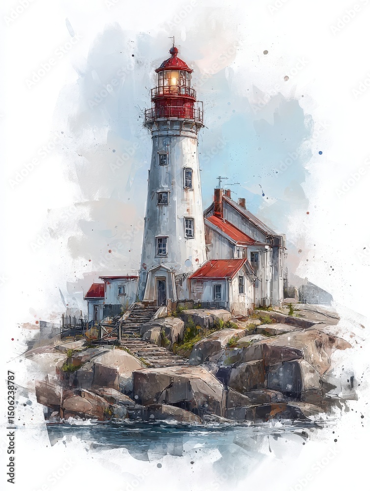 A lighthouse with a red top shines brightly on a rocky coastline. The surrounding landscape includes gentle waves and clear skies, illustrating a calm day by the water.