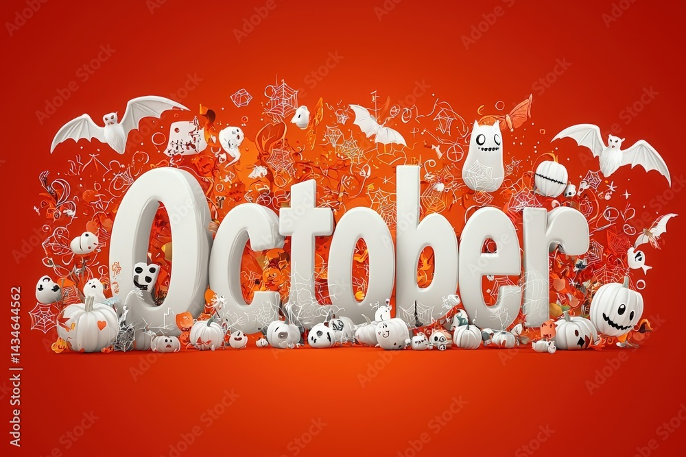 A lively October display features large white letters spelling October, surrounded by fun Halloween illustrations like pumpkins, bats, and ghosts on a bright orange background.