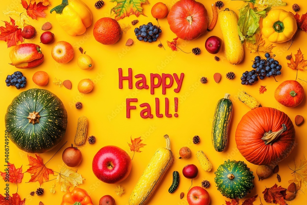 A lively arrangement of various pumpkins, fruits, and colorful leaves showcases the essence of fall. The bright yellow background enhances the seasonal vibe and festive cheer.