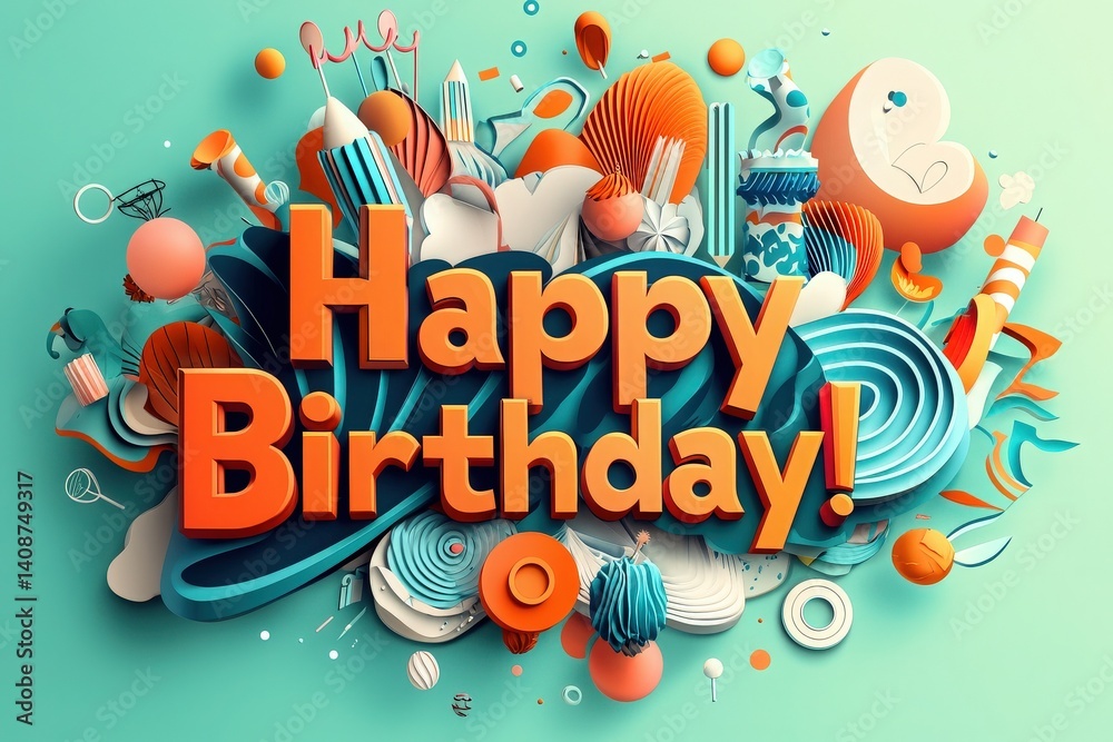 A lively birthday celebration design featuring bold text that reads Happy Birthday! amidst a variety of festive decorations, party elements, and cheerful colors, creating a joyful atmosphere.