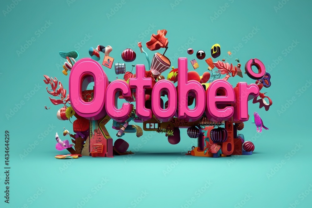 A lively design showcases the word October in bright pink surrounded by various colorful autumn-themed shapes. This composition evokes a sense of joy and festive spirit, perfect for the fall season.