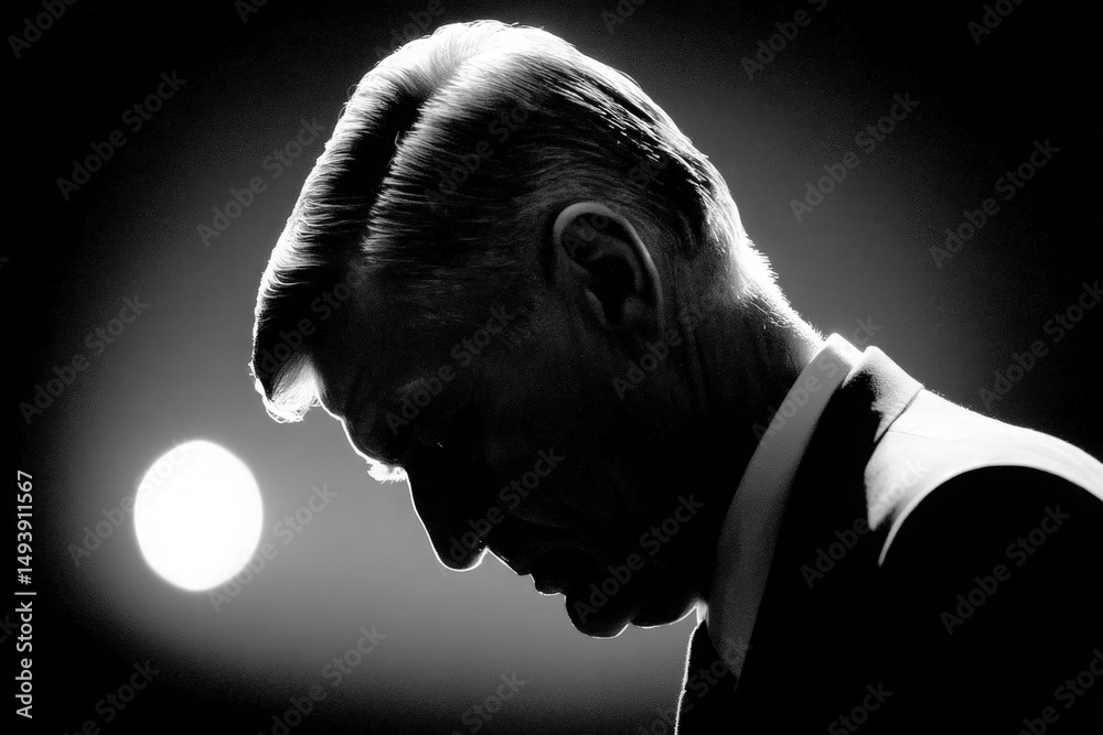 A lone figure is captured in silhouette, exuding a sense of contemplation. Soft light highlights the contours of the head and shoulders, creating a striking contrast against the dark background.