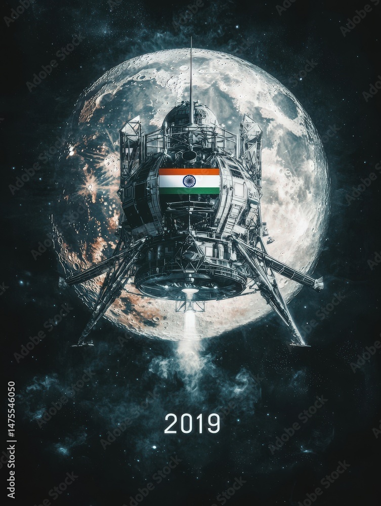 A lunar lander is shown approaching the moons surface, prominently featuring the Indian flag. The vast moon is visible in the background, set against a dark cosmic backdrop.