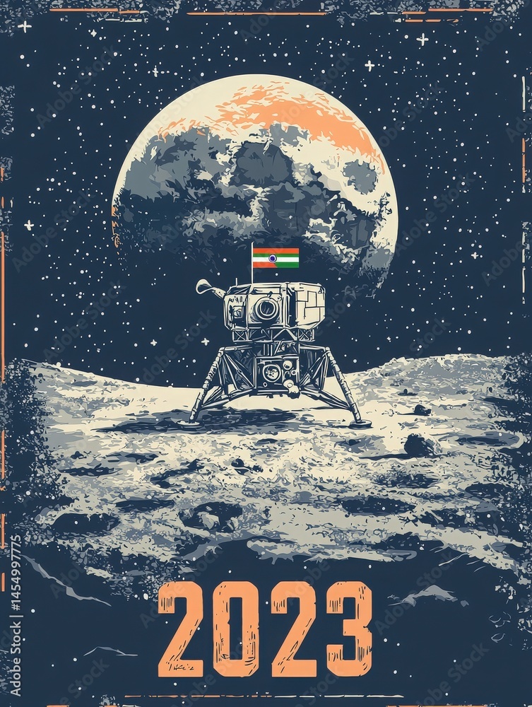 A lunar lander stands on the moons surface, displaying a national flag. Earth looms large in the background, set against a starry sky, creating a captivating cosmic scene in 2023.