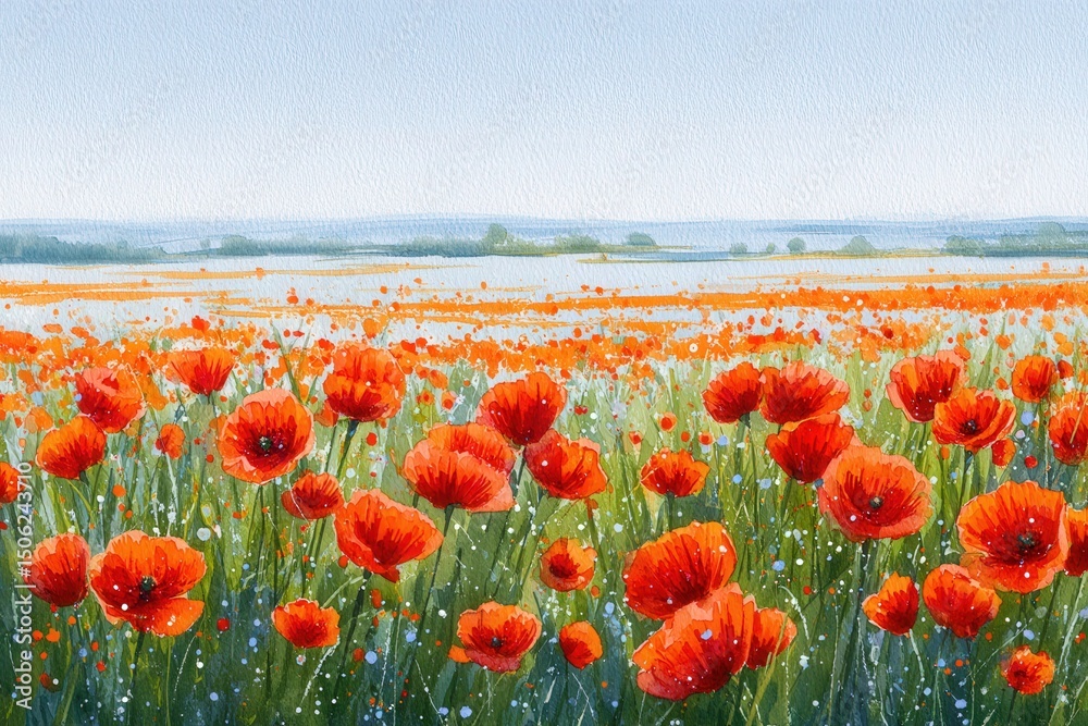 A lush landscape filled with bright red poppies stretches across the scene. The vibrant flowers sway gently in the breeze, illuminated by sunlight.