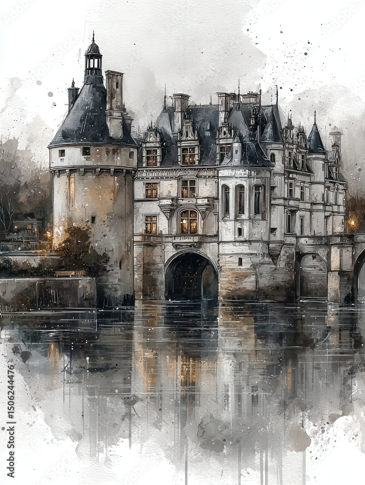 A majestic castle nestled by the water showcases intricate architecture, illuminated windows, and historical charm against a twilight backdrop. Its reflection shimmers on the serene surface.