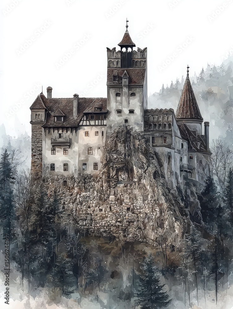 A majestic castle stands atop a rocky cliff, surrounded by tall trees.