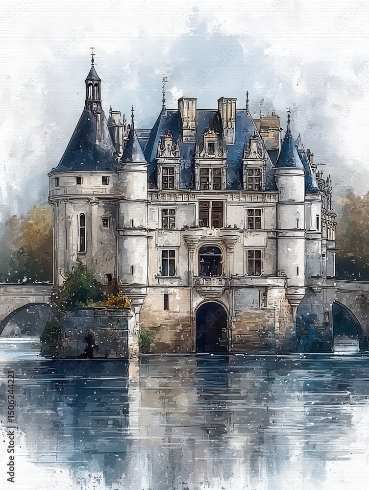 A majestic castle stands by a serene body of water, its towers and architectural details visible against a clear sky. Surrounding trees add a touch of color, enhancing the picturesque setting.